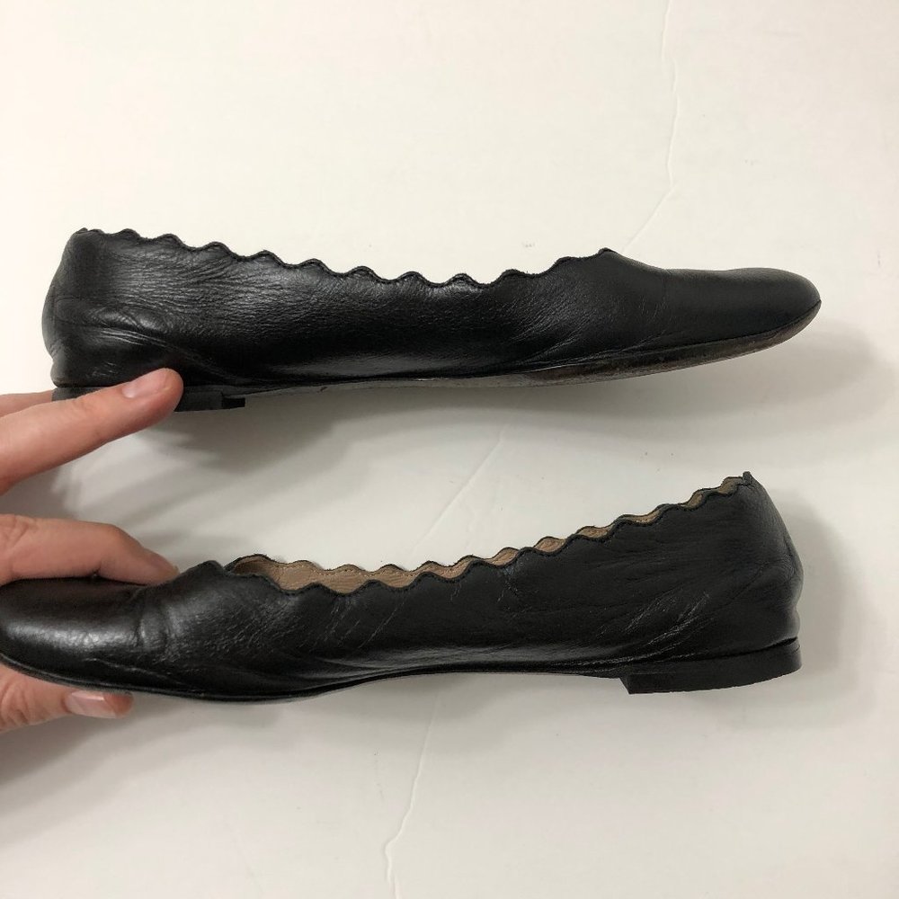 Chloé Lauren black leather scallop ballet flats - Picture 2 of 8